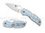 Spyderco Chaparral folding knife with thumb hole - shown open presentation side and closed pocket clip side.  Satin CTS-XHP stainless steel plain edge blade. Blue stepped titanium handle.  Model C152STIBLP.
For reference only.