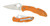 Spyderco Delica 4 Sprint Run folding knife with thumb hole - shown open presentation side and closed pocket clip side.  Satin HAP40 and SUS410 laminated steel plain edge blade.  Orange FRN handle.  Model C11FPBORE.
For reference only.
