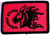 Rick Hinderer Knives Horse Head Logo Morale Patch - obverse.  Red and black with hook and loop backing.  Model A00100BR00.
For reference only.