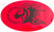 Rick Hinderer Knives Oval Sticker with Horse Head logo - obverse.  Black and Red.  Model A002000000-OV-BR.
For reference only.