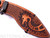 RMJ Tactical Custom Valhalla Kukri fixed blade knife - shown close up of sheath obverse.  80CRV2 steel plain edge blade.  Brown Micarta handle.
For reference only.