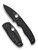 Spyderco Shaman folding knife with thumb hole - shown open presentation side and closed pocket clip side.  Black S30V stainless steel plain edge blade.  Black G-10 handle.  Model C229GPBK.