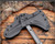 RMJ Tactical Kestrel tomahawk - close up of head in sheath obverse.  Tungsten Cerakote 80CRV2 steel plain edge head.  Hyena Brown G-10 handle.