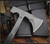 RMJ Tactical Loggerhead tomahawk - shown close up of head out of sheath obverse.  Tungsten Cerakote 80CRV2 plain edge head.  Black rubber handle.  Model T-L15-TU-BL.