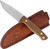 Condor Tool and Knife Mayflower fixed blade knife - shown out of sheath with sheath in background.  440C stainless steel plain edge blade.  Wood handle.  Model CTK150-3-4C.