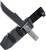 Condor Tool and Knife Operator Bowie fixed blade knife - shown out of sheath with sheath in background.  1075 steel plain edge blade.  Green Micarta handle.  Model CTK1806-7.5.