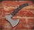 RMJ Tactical Berserker Axe - shown out of sheath reverse.  Tungsten Cerakote 80CrV2 steel blade.  Black G-10 handle scales.  