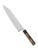 Spyderco Culinary Murray Carter Itamae Gyuto kitchen knife - obverse shown.  Satin Super Blue and SUS 410 laminate steel plain edge blade.  Black and brown burl G-10 handle.  Model K19GPBNBK.
