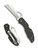 Byrd Knives Meadowlark 2 Rescue folding knife with thumb slot - shown both open presentation side and closed pocket clip side.  Satin 8Cr13MoV stainless steel serrated edge blade.  Black G-10 handle.  Model BY19SBK2.