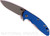 Rick Hinderer Knives XM-18 3.5" Slicer folding knife with thumb stud and flipper tab - shown open presentation side.  Working Finish 20CV stainless steel plain edge blade.  Blue G-10 handle with Working Finish titanium lock side.  Model K2012SGW00.
