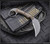 RMJ Tactical Korbin Karambit fixed blade knife - shown out of sheath reverse.  Tungsten Cerakote Nitro-V stainless steel plain edge blade.  Hyena Brown G-10 handle.  Model K-KO-TU-HB.