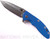 Rick Hinderer Knives XM-18 3.5" Spanto folding knife with thumb stud and flipper tab - shown open presentation side.  Stonewash 20CV stainless steel plain edge blade.  Blue G-10 handle with stonewash lock side.  Model K2002SGS00.