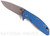 Rick Hinderer Knives XM-18 3.5" Spanto folding knife with thumb stud and flipper tab - shown open presentation side.  Working Finish 20CV stainless steel plain edge blade.  Blue G-10 handle with Battle Blue lock side.  Model K2002SGWBL.