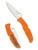 Spyderco Endura 4 folding knife with thumb hole - shown open presentation side and closed pocket clip side.  Satin VG-10 stainless steel plain edge blade.  Orange FRN handle.  Model C10FPOR.