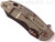 Rick Hinderer Knives Vintage Series XM-18 3.5" Skinner folding knife with thumb stud and flipper tab - shown closed lock side.  Black O-1 steel plain edge blade.  Textured Walnut handle with Battle Green titanium lock side.  Model K2042S0VT00.
For reference only.