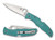 Spyderco Endura 4 MGE Exclusive folding knife with thumb hole - shown open presentation side and closed pocket clip side.  Satin S30V stainless steel plain edge blade.  Teal FRN handle.  Model C10FPTLS30V.
For reference only.