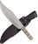 Condor Tool and Knife Undertaker Bowie fixed blade knife - shown out of sheath reverse with sheath in background.  1075 HC steel plain edge head.  Wood handle.  Model CTK2804-10.3.