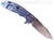 Rick Hinderer Knives XM-18 3.5" Harpoon Spanto folding knife with thumb stud and flipper tab - shown open lock side.  Stonewash 20CV stainless steel plain edge blade.  Blue G-10 handle with stonewash blue lock side.  Model K2552SGS00.