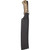 Condor Tool and Knife Cambodian machete - shown in sheath obverse.  1075 HC steel plain edge blade.  Brown Micarta handle.  Model CTK3929-10.3HC.
