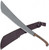 Condor Tool and Knife Makara machete - shown out of sheath reverse with sheath in background.  1075 HC steel plain edge head.  Wood handle.  Model CTK2808-18.75.
