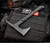 RMJ Tactical Ragnarok 14 tomahawk - shown out of sheath reverse.  Textured black Cerakote 80CRV2 steel plain edge head.  Black G-10 handle.