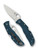 Spyderco Endela folding knife with thumb hole - shown open presentation side and closed pocket clip side.  Satin K390 steel plain edge blade.  Blue FRN handle.  Model C243FPK390.