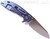 Rick Hinderer Knives Skinny XM-18 3.5" Sheepsfoot folding knife with thumb stud and flipper tab - shown open lock side.  Stonewash 20CV stainless steel plain edge blade.  Blue - black G-10 handle with stonewash blue lock side.  Model K2525SGS00.
