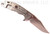 Rick Hinderer Knives XM-18 3.5" Bowie folding knife with thumb stud and flipper tab - shown open lock side.  Stonewash 20CV stainless steel plain edge blade.  Black G-10 handle with stonewash titanium lock side.  Model K2032SGS00.
