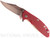 Rick Hinderer Knives XM-18 3.5" Bowie folding knife with thumb stud and flipper tab - shown open presentation side.  Stonewash 20CV stainless steel plain edge blade.  Red G-10 handle with stonewash titanium lock side.  Model K2032SGS00.