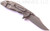 Rick Hinderer Knives XM-18 3.5" Bowie folding knife with thumb stud and flipper tab - shown open lock side.  Working Finish 20CV stainless steel plain edge blade.  Grey G-10 handle with Working Finish titanium lock side.  Model K2032SGW00.