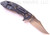 Rick Hinderer Knives XM-18 3.5" Bowie folding knife with thumb stud and flipper tab - shown open lock side.  Stonewash 20CV stainless steel plain edge blade.  Black G-10 handle with stonewash blue titanium lock side.  Model K2032SGS00.

