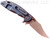 Rick Hinderer Knives XM-18 3.5" Bowie folding knife with thumb stud and flipper tab - shown open lock side.  Working Finish 20CV stainless steel plain edge blade.  Blue - black G-10 handle with Battle Blue titanium lock side.  Model K2032SGW00.