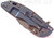 Rick Hinderer Knives XM-18 3.5" Bowie folding knife with thumb stud and flipper tab - shown closed lock side.  Working Finish 20CV stainless steel plain edge blade.  Blue - black G-10 handle with Battle Blue titanium lock side.  Model K2032SGW00.