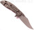 Rick Hinderer Knives XM-18 3.5" Bowie folding knife with thumb stud and flipper tab - shown open lock side.  Working Finish 20CV stainless steel plain edge blade.  Coyote G-10 handle with Battle Bronze titanium lock side.  Model K2032SGW00.