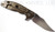 Rick Hinderer Knives XM-18 3.5" Bowie folding knife with thumb stud and flipper tab - shown open lock side.  Stonewash 20CV stainless steel plain edge blade.  Dark green - black G-10 handle with stonewash bronze titanium lock side.  Model K2032SGS00.
