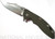 Rick Hinderer Knives XM-18 3.5" Bowie folding knife with thumb stud and flipper tab - shown open presentation side.  Stonewash 20CV stainless steel plain edge blade.  OD green - black G-10 handle with stonewash bronze titanium lock side.  Model K2032SGS00.
