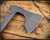 RMJ Tactical 3V Syndicate Raven tomahawk - shown close up of head out of sheath obverse.  Smoke Gray Cerakote CPM-3V steel plain edge head.  Dirty Olive G-10 handle.
For reference only.