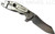 Rick Hinderer Knives XM-18 3.0" Skinner folding knife with thumb studs and flipper tab - shown open lock side.  Stonewashed 20CV stainless steel plain edge blade.  Black G-10 handle with stonewashed lock side.  Model K1041SGS00.