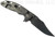 Rick Hinderer Knives XM-18 3.5" Bowie folding knife with thumb stud and flipper tab - shown open lock side.  Battle Black 20CV stainless steel plain edge blade.  OD green - black G-10 handle with Battle Black titanium lock side.  Model K20320SNNC.