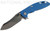 Rick Hinderer Knives XM-18 3.0" Skinner folding knife with thumb studs and flipper tab - shown open presentation side.  Stonewashed 20CV stainless steel plain edge blade.  Blue G-10 handle with stonewashed blue lock side.  Model K1041SGS00.
