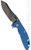 Rick Hinderer Knives XM-18 3.0" Skinner folding knife with thumb studs and flipper tab - shown open presentation side.  Stonewashed 20CV stainless steel plain edge blade.  Blue G-10 handle with stonewashed blue lock side.  Model K1041SGS00.