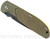 Rick Hinderer Knives Firetac Recurve folding knife with thumb disk - shown closed presentation side.  Battle Black 20CV stainless steel plain edge blade.  OD green G-10 handle with Battle Black lock side.  Model K205FSGD00.