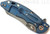 Rick Hinderer Knives XM-18 3.0" Skinner folding knife with thumb studs and flipper tab - shown closed lock side.  Working Finish 20CV stainless steel plain edge blade.  Black G-10 handle with Battle Blue lock side.  Model K1041SGW00.