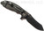 Rick Hinderer Knives XM-18 3.0" Skinner folding knife with thumb studs and flipper tab - shown open lock side.  Battle Black 20CV stainless steel plain edge blade.  OD green G-10 handle with Battle Black lock side.  Model K1041SGD00.