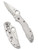 Spyderco Delica 4 folding knife with thumb hole - shown open presentation side and closed pocket clip side.  Satin VG-10 stainless steel combo edge blade.  Stainless steel handle.  Model C11PS.