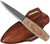 Condor Tool and Knife Primitive Mountain fixed blade knife - shown out of sheath reverse with sheath in background.  1075 HC steel plain edge blade.  Brown Micarta handle.  Model CTK3918-4.
