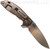 Rick Hinderer Knives XM-18 3.5" Slicer folding knife with thumb stud and flipper tab - shown open lock side.  Stonewash 20CV stainless steel plain edge blade.  Coyote G-10 handle with stonewash bronze lock side.  Model K310102S000.