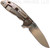 Rick Hinderer Knives XM-18 3.5" Slicer folding knife with thumb stud and flipper tab - shown open lock side.  Stonewash 20CV stainless steel plain edge blade.  OD green G-10 handle with stonewash bronze lock side.  Model K310102S000.