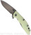 Rick Hinderer Knives XM-18 3.5" Slicer folding knife with thumb stud and flipper tab - shown open presentation side.  Stonewash 20CV stainless steel plain edge blade.  Translucent Green G-10 handle with stonewash blue titanium lock side.  Model K2012SGS00.