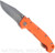 Demko Knives MG AD-20 clip point folding knife with thumb stud - shown open presentation side.  Stonewash 20CV stainless steel plain edge blade.  Orange G-10 handle.